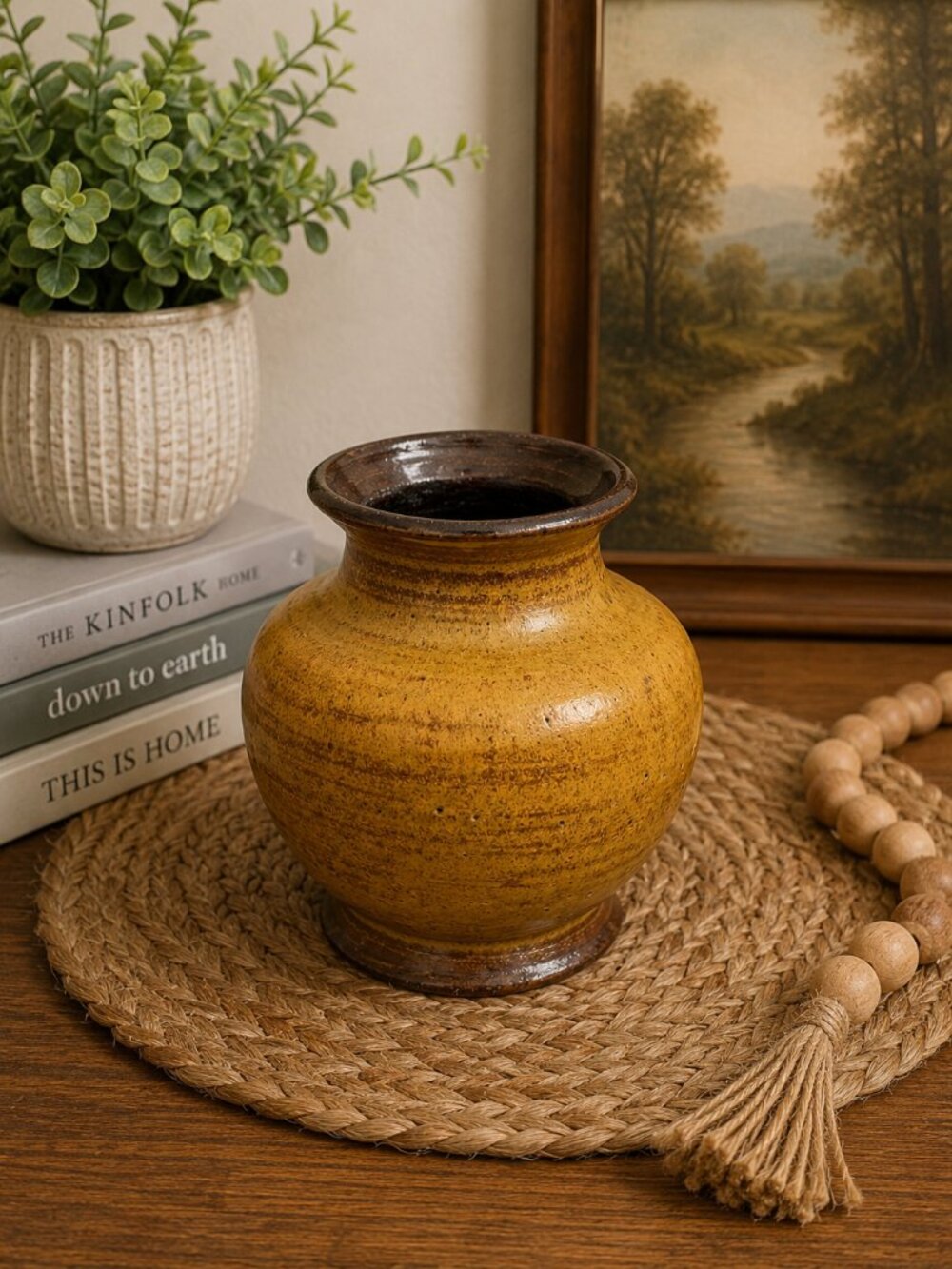 Signed M.S. Campbell 1978 Studio Pottery Vase Mustard Brown Glaze Handmade Art